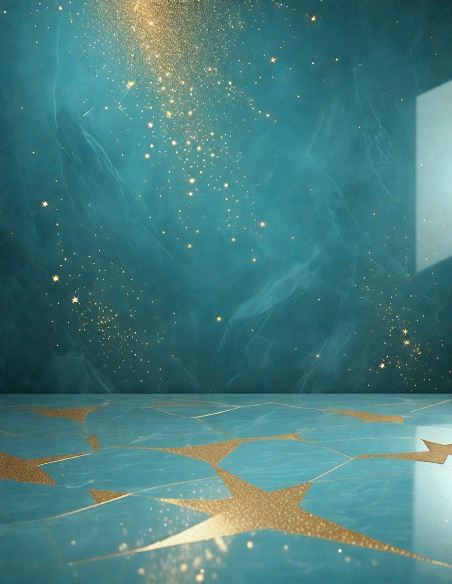 The primary subject of the image is a blue wall with a star pattern on it. The setting is a room with a blue floor, and the visual style appears to be a combination of photo and digital art. The dominant colors are blue and gold, creating a calm and serene atmosphere.