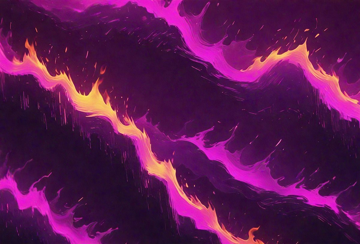 The primary subject of the image is a purple and orange fire, which appears to be a digital art or illustration. The setting is a dark background, and the visual style gives the impression of a painting or drawing. The dominant colors in the image are purple and orange, creating a vibrant and energetic atmosphere.