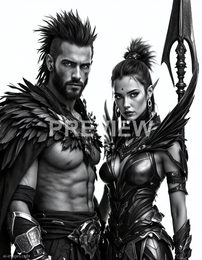 The image features two individuals dressed in elaborate, fantasy-inspired costumes with dark, feathered, and armored elements. The male figure has a rugged appearance with spiked hair, a beard, and a muscular physique, wearing a feathered cape and wristbands, and looking intensely at the camera. The female figure has pointed elf-like ears, a high ponytail, and is dressed in a form-fitting, armored bodice with feathered accents, holding a large, ornate spear, and also gazing directly at the camera with a serious expression. The image is in black and white, emphasizing the detailed textures and dramatic atmosphere.