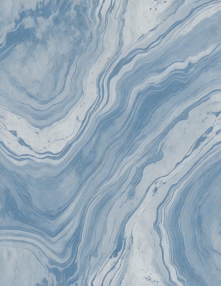 The primary subject of the image is a blue and white marbled tile. The setting is a bathroom, as indicated by the presence of the marbled tile. The visual style is a close-up of the tile, showcasing its intricate design. The dominant colors are blue and white, creating a calm and soothing atmosphere.