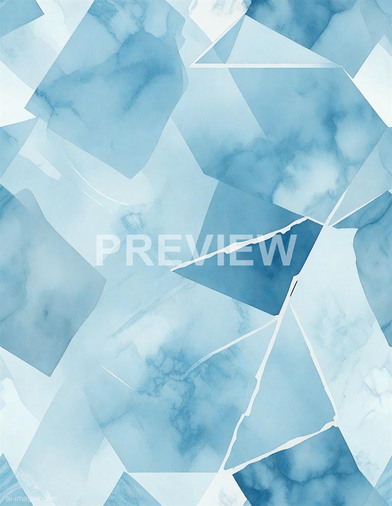 The image features an abstract pattern composed of various irregularly shaped polygons that resemble torn pieces of paper. The color palette is predominantly shades of blue, with watercolor-like textures creating a soft, fluid appearance across the shapes. The overall composition gives a sense of layered, crystalline or icy formations, with some shapes overlapping others.