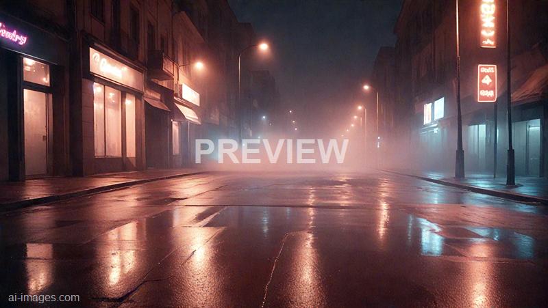 The image depicts an empty city street at night, shrouded in fog or mist which creates a mysterious ambiance. The street is wet, reflecting the warm glow of streetlights and illuminated signs on the buildings, with closed storefronts lining both sides of the street. The scene is quiet and deserted, with no visible people or vehicles, and the atmosphere feels calm yet eerie due to the fog and dim lighting.