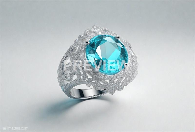 The image features an ornate silver ring with intricate detailing and filigree patterns, set against a plain, light-colored background. The centerpiece of the ring is a large, oval-shaped, faceted blue gemstone that catches the light, creating a sparkling effect. The overall design of the ring is elegant and luxurious, emphasizing the prominent gemstone and delicate craftsmanship.