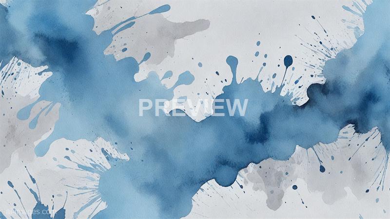 The image features an abstract watercolor painting with various shades of blue and gray. The composition includes splashes and washes of color that create an organic, fluid appearance, resembling ink or watercolor stains on textured paper. The overall effect is dynamic and artistic, emphasizing the spontaneous nature of watercolor art.
