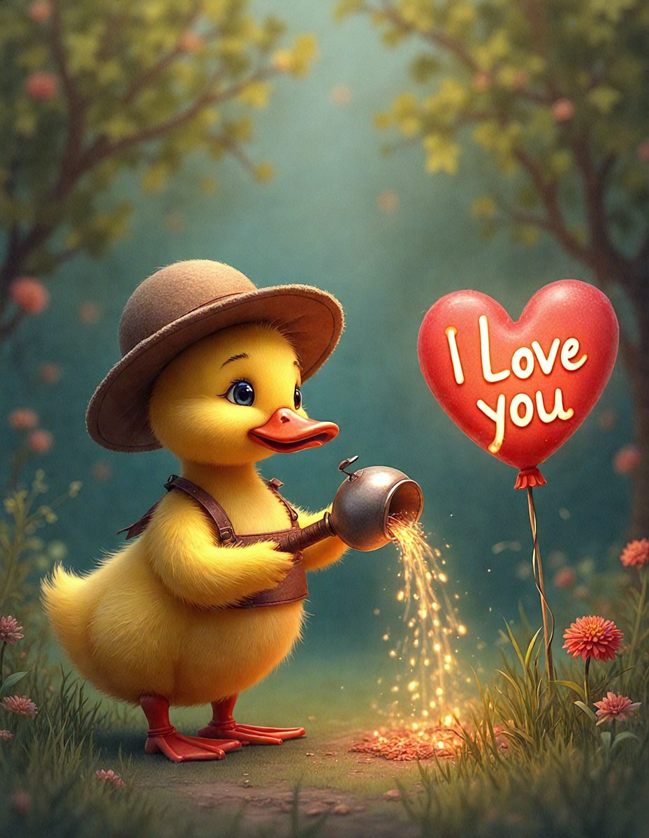 The image features a cute duckling wearing a hat and holding a watering can. The duckling is standing in front of a heart-shaped balloon, which reads "I love you." The scene is set in a garden, with a tree visible in the background. The overall atmosphere is warm and affectionate, with the duckling and the heart-shaped balloon symbolizing love and care.