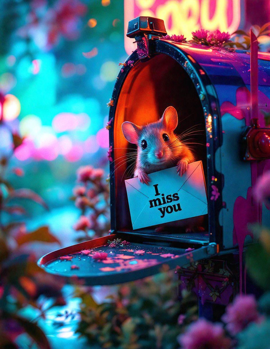 The primary subject of the image is a small mouse sitting inside a mailbox. The setting is a garden, with a pink background and flowers visible in the scene. The visual style is a digital art illustration, creating a whimsical and playful atmosphere. The colors and mood are predominantly pink, which adds a sense of warmth and innocence to the scene.