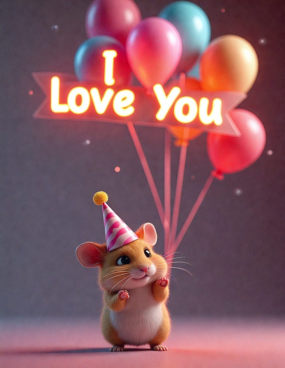 The primary subject of the image is a small, cute, and colorful hamster wearing a party hat. The setting is a white background, and the visual style is a digital art or illustration. The colors and mood of the image are cheerful and playful, with the hamster being the main focus of the scene.