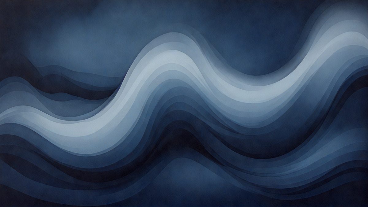 The primary subject of the image is a blue and white wave, which is the main focus of the scene. The setting is a dark blue background, creating a contrasting and dramatic effect. The visual style is a digital art or illustration, as the wave is depicted in a stylized and artistic manner. The dominant colors are blue and white, giving the image a calm and serene atmosphere.