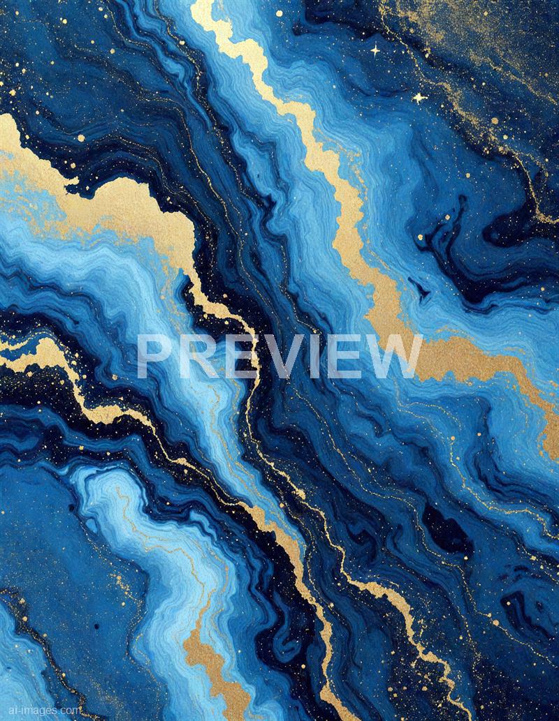 The image features an abstract design resembling swirling marble or fluid art, with a dominant color palette of various shades of blue, ranging from light to dark. Gold accents and splatters are interspersed throughout, creating a striking contrast against the blue tones and giving the appearance of flowing rivers or veins. The intricate patterns and textures evoke a sense of movement and depth, reminiscent of a cosmic or underwater scene.