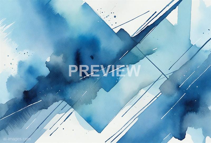 The image features an abstract watercolor painting dominated by various shades of blue. It showcases broad, flowing brushstrokes with some splatter effects, along with intersecting lines that add a geometric element to the composition. The overall effect is a dynamic blend of fluid and structured forms, evoking a sense of movement and depth.