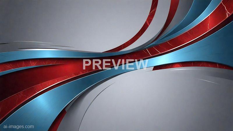 The image features a modern, abstract design composed of curved, layered strips in shades of red, blue, and gray. These strips have a metallic and marble-like texture with some subtle lightning-like streaks, creating a dynamic and flowing visual effect against a plain, light gray background. The composition emphasizes smooth, sweeping lines that give a sense of movement and depth.