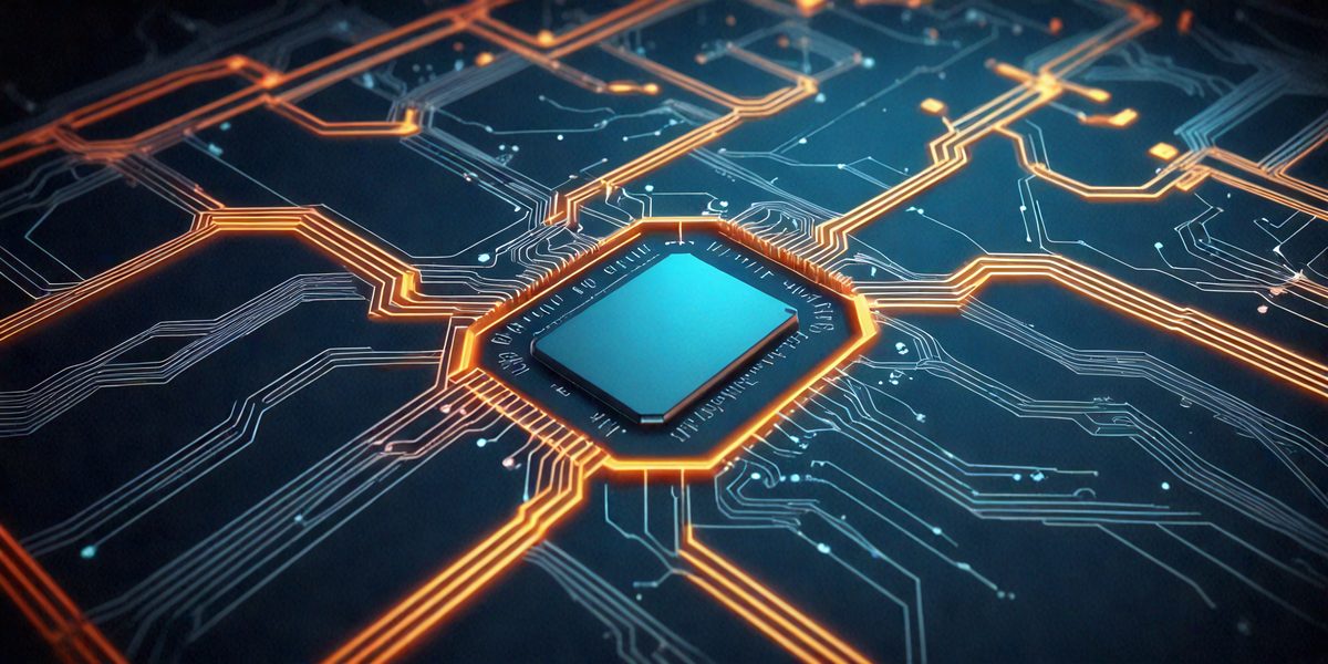 The primary subject of the image is a blue square, which is the main object, scene, or focus of the image. The setting/background features a complex network of wires, which creates a futuristic and technological atmosphere. The visual style of the image is digital art, as it appears to be a digital illustration or drawing. The colors and mood of the image are predominantly blue and orange, giving it a vibrant and dynamic appearance.