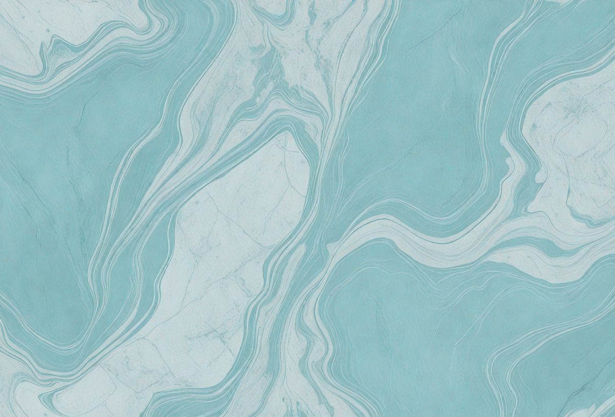 The primary subject of the image is a marble-like patterned wallpaper. The setting is a bathroom, with the wallpaper covering the walls. The visual style is a combination of a photo and a digital art, creating a unique and intricate design. The dominant colors are blue and white, giving the bathroom a clean and sophisticated appearance.