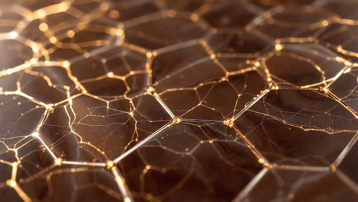 The primary subject of the image is a close-up of a patterned surface, which appears to be a textured material or a piece of art. The setting is a dark background, which contrasts with the patterned surface. The visual style is a combination of a photo and digital art, creating a unique and intriguing appearance. The colors and mood of the image are predominantly dark, with the patterned surface providing a contrasting element of light and texture.