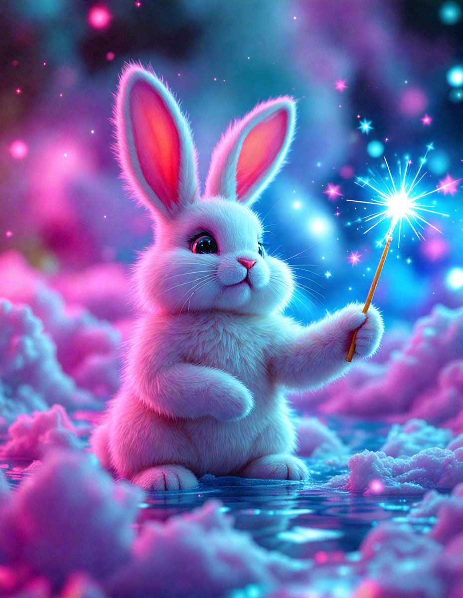 The primary subject of the image is a white bunny rabbit. The setting is a pink and purple background, which gives the scene a whimsical and playful atmosphere. The visual style is a digital art, as the bunny is depicted in a cartoon-like manner. The colors and mood of the image are predominantly pink and purple, creating a cheerful and lighthearted mood.