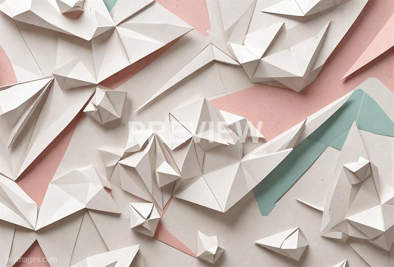 The image features numerous white origami paper butterflies arranged on a soft pink and light teal background. The butterflies are crafted with precise folds, creating a three-dimensional effect with some appearing to fly or rest on the surface. The background consists of pastel-colored paper sheets, enhancing the delicate and artistic feel of the composition.