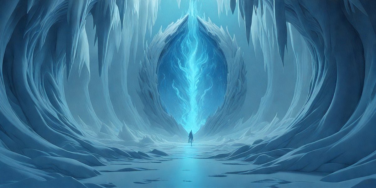 The primary subject of the image is a person standing in a cave, with a blue light illuminating the area. The setting is a snowy, icy cave with a blue light coming from the center. The visual style is digital art, and the colors and mood are cold and mysterious.