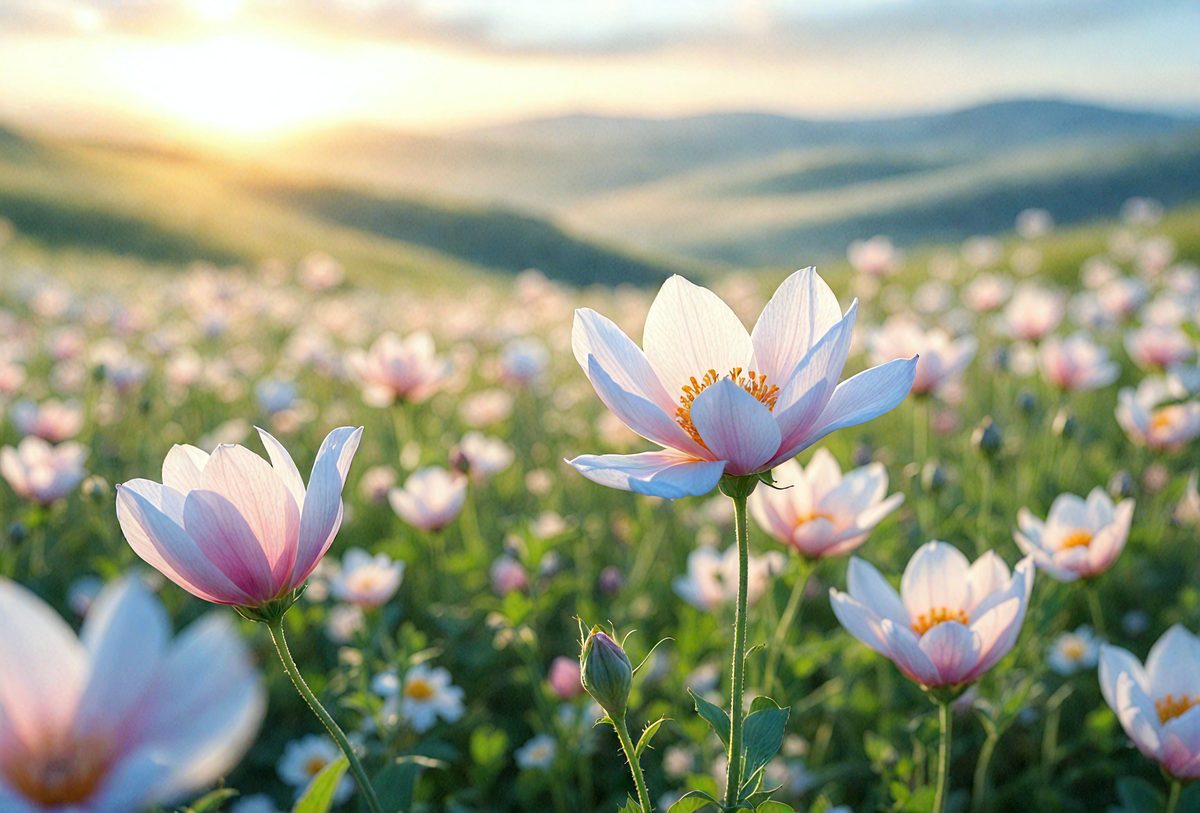 The primary subject of the image is a field of flowers, with a focus on a group of white flowers. The setting is a grassy hillside, and the visual style is a photo of the flowers in their natural environment. The colors and mood of the image are predominantly white and pastel, creating a serene and peaceful atmosphere.