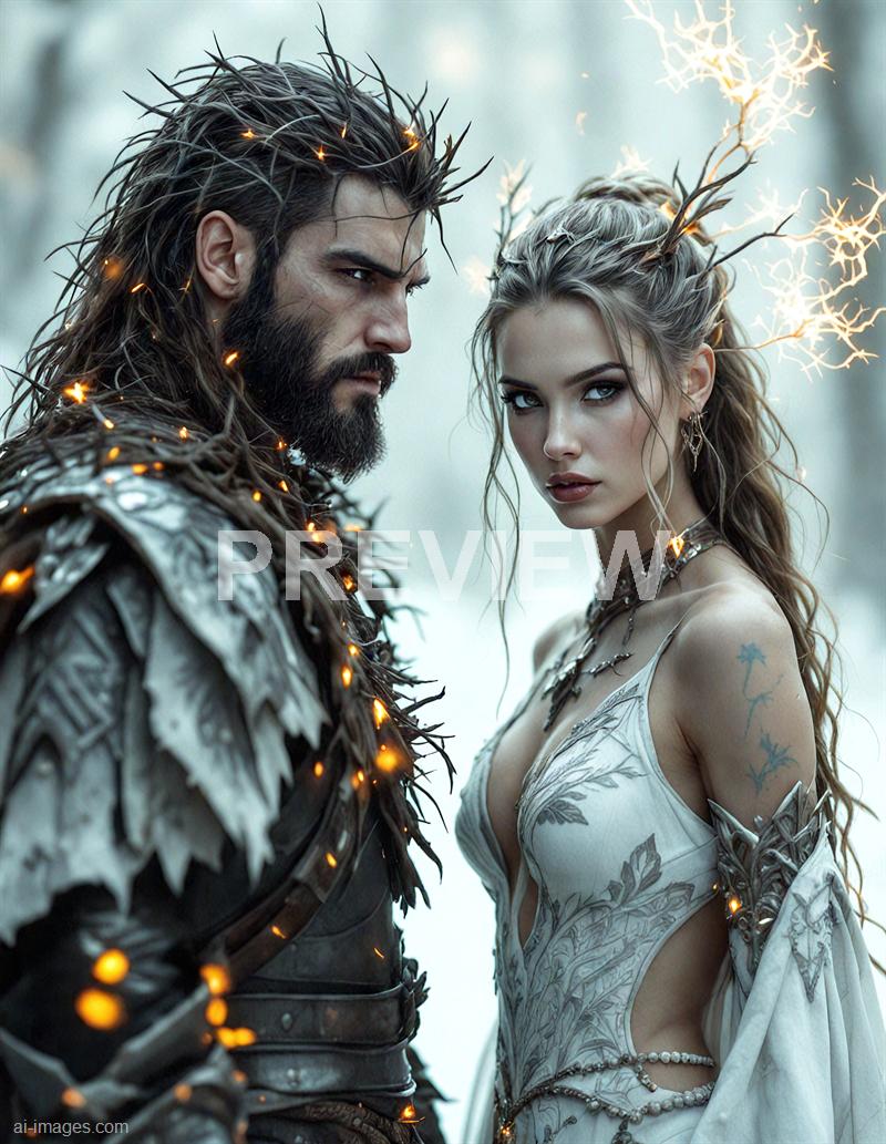 The image features two characters dressed in fantasy-themed costumes, standing closely together in a misty, ethereal forest setting. The male character has long, dark, spiked hair and a thick beard, wearing armor adorned with glowing orange lights, giving him a fierce and mystical appearance. The female character has long, wavy hair with glowing, tree-like antlers on her head, and wears a revealing, intricately designed dress with tattoos visible on her arm, exuding a magical and enchanting aura.