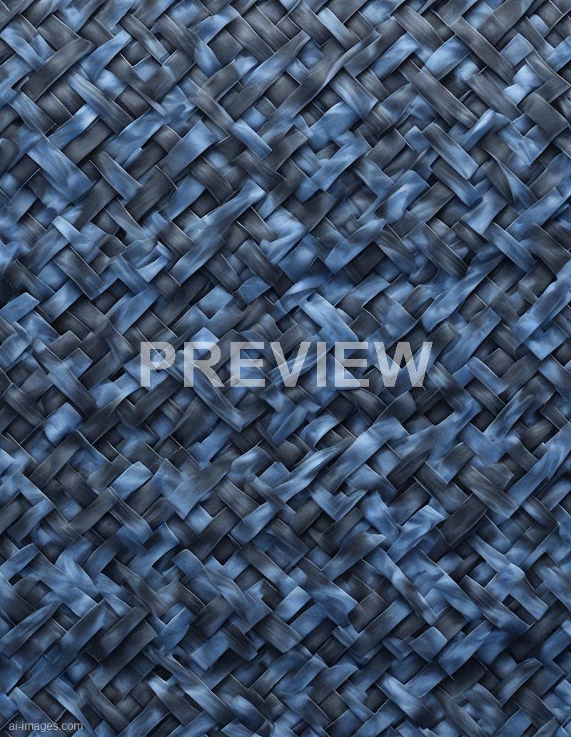 The image features an intricate woven pattern made from strips of material in shades of blue and black. The strips are tightly interlaced, creating a textured and repetitive surface with a slightly glossy finish, giving it a sophisticated appearance. The overall pattern is uniform and symmetrical, emphasizing the craftsmanship and detail in the weaving process.