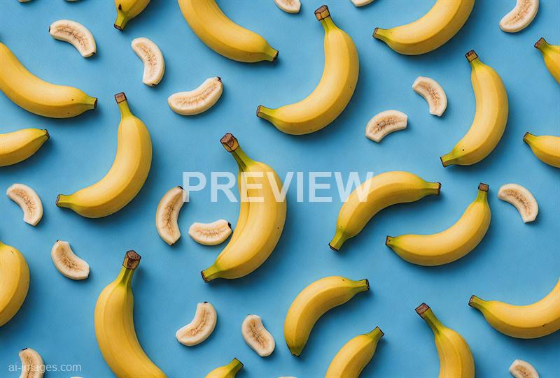 The image displays a flat lay of multiple ripe yellow bananas scattered across a bright blue surface. Some bananas are whole, while others are sliced into smaller pieces, revealing their soft, pale interior. The composition creates a vibrant and fresh visual with a playful arrangement of the fruit pieces.