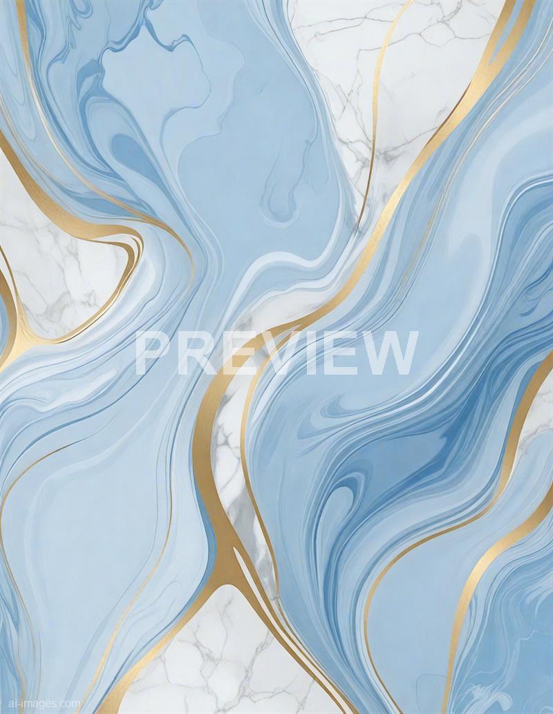The image features an abstract design resembling flowing marble or watercolor patterns with swirling shades of blue, white, and hints of gray. Gold accents run through the design, creating elegant, curved lines that add a touch of luxury and contrast to the softer background colors. The overall appearance is smooth and fluid, evoking a sense of movement and sophistication.