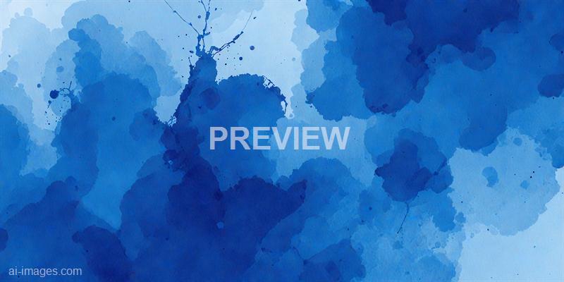 The image features an abstract pattern created with various shades of blue watercolor splashes and stains. The design is organic and freeform, with irregular shapes and splatters overlapping each other, giving a dynamic and fluid appearance across the canvas. The background appears light blue, with darker blue spots and streaks adding depth and contrast.