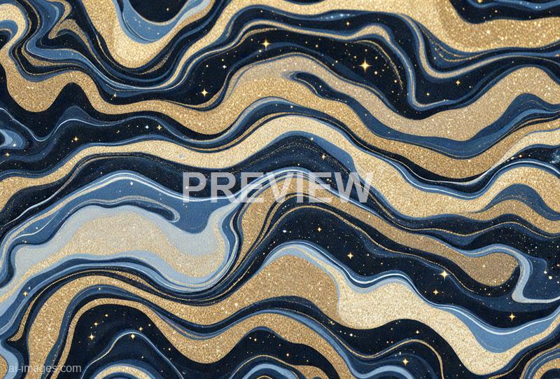 The image features an abstract pattern resembling swirling marble or agate with flowing bands of dark blue, gold, and lighter shades of blue and white. Tiny sparkling specks and star-like points are scattered across the pattern, giving it a cosmic or galaxy-like appearance with a textured, glittery finish. The overall composition is dynamic and vibrant, evoking a sense of movement and depth.