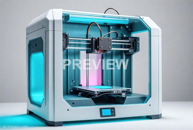 The image shows a modern desktop 3D printer with a mostly white and teal design. The printer is actively printing, with a partially finished object on its build platform, and its internal components and structure are clearly visible, illuminated by a soft blue light. The background is plain and neutral, emphasizing the sleek and high-tech appearance of the device.