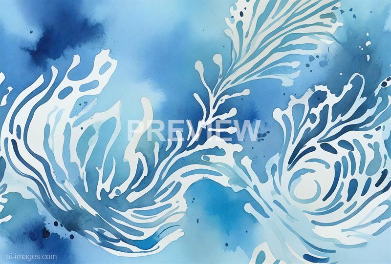 The image features an abstract watercolor-style background predominantly in shades of blue, with varying tones creating a sense of depth and fluidity. Overlaid on this background are stylized, white line drawings of plant-like forms, resembling seaweed or coral, which add a delicate, organic element to the composition.