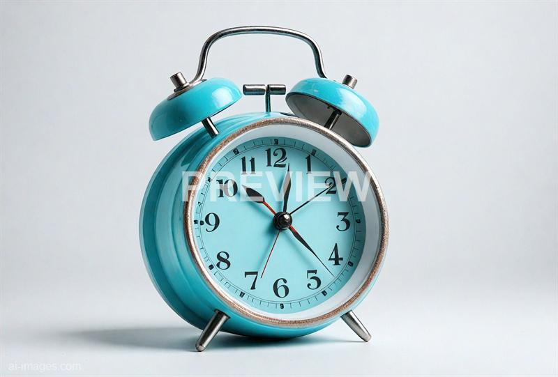 The image features a vintage-style alarm clock with a rounded body and two bells on top. It is predominantly light blue with metallic accents, standing on two small metallic legs against a plain, light-colored background. The clock face displays black Arabic numerals and three hands indicating the time, with the hour hand pointing slightly past 11, the minute hand at 12, and the second hand near 7, suggesting the time is approximately 11:00:36.