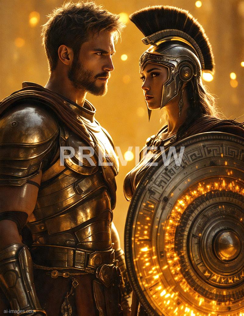 The image features two characters dressed in elaborate, metallic armor reminiscent of ancient Greek warriors, with a modern, futuristic twist. The man on the left has a beard and short hair, while the woman on the right wears a helmet with a crest and has long hair flowing behind her. They stand close to each other, with intense expressions, against a glowing, warm-toned background filled with golden bokeh lights, suggesting a dramatic or epic scene.