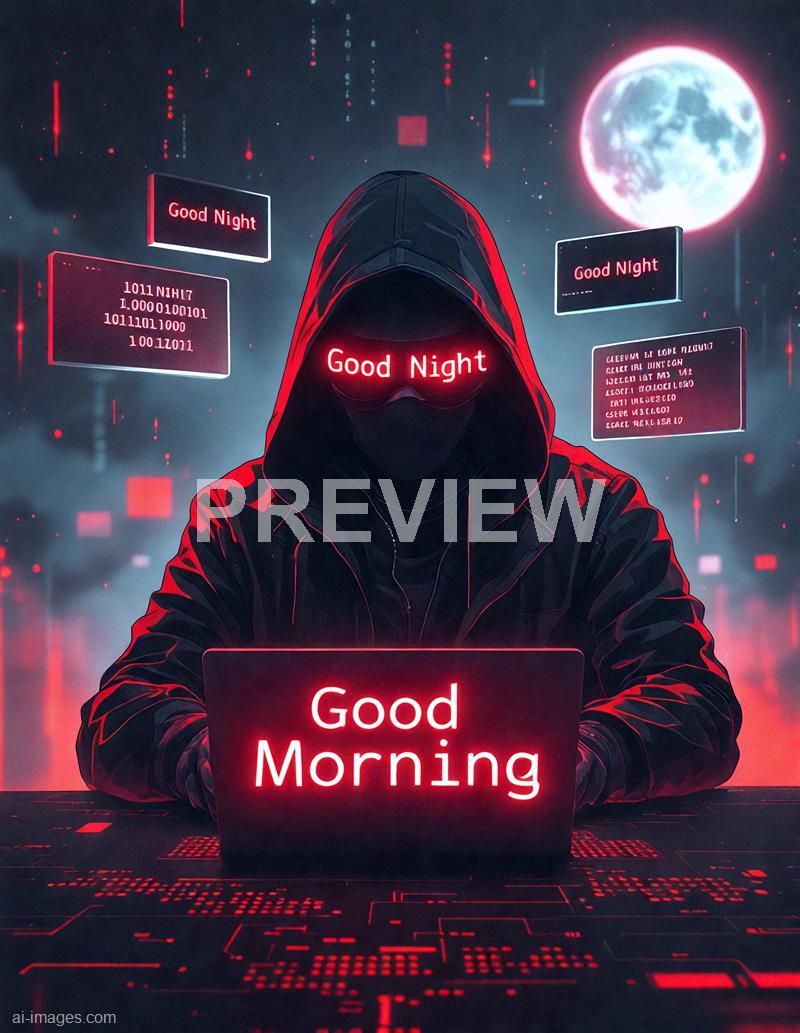The image depicts a person wearing a hooded jacket and a mask, sitting in front of a laptop with a glowing "Good Morning" message displayed on the screen. The background features a digital, futuristic environment with floating screens displaying "Good Night," binary code, and other unreadable text, along with a large, glowing full moon in the sky, creating a cyberpunk atmosphere with red and blue hues.