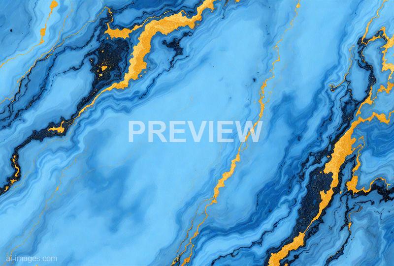 The image features an abstract design with swirling shades of blue ranging from light to dark, accented by irregular, jagged streaks of gold and black. The composition has a fluid, marbled appearance, creating a sense of movement and depth, with the gold highlights adding a touch of elegance and contrast against the predominantly cool color palette. The overall effect is dynamic and visually striking, resembling a luxurious marble or gemstone pattern.