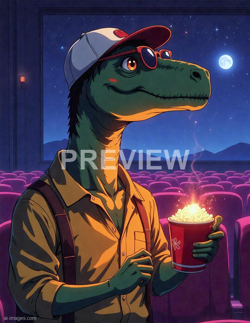 An anthropomorphic dinosaur, with a friendly expression, is dressed in casual clothing including a button-up shirt and suspenders, and is wearing a baseball cap and sunglasses. The dinosaur is holding a large bucket of popcorn and appears to be in a movie theater, with rows of purple seats visible behind it. Outside the window, there's a night sky featuring a bright full moon and numerous stars, along with a mountain silhouette in the distance.
