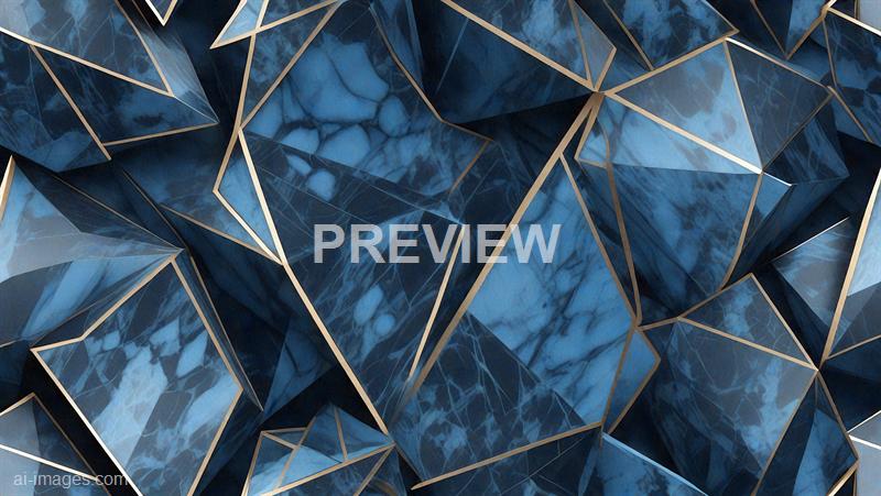 The image features an abstract composition of geometric shapes resembling three-dimensional faceted stones or crystals, predominantly in shades of blue with marbled textures. The facets are outlined with thin, metallic-looking lines, creating a sense of depth and intricacy, with some parts appearing reflective and others matte, giving a complex and dynamic visual effect.