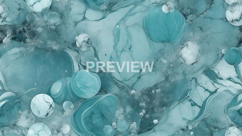The image features an abstract composition with swirling patterns and various circular shapes resembling marbles or bubbles. The color palette is predominantly shades of blue and teal, with some darker and lighter areas creating a sense of depth and fluidity. The textures appear watercolor-like, with some areas showing marbled or ink-blot effects, giving the piece a dynamic and flowing appearance.