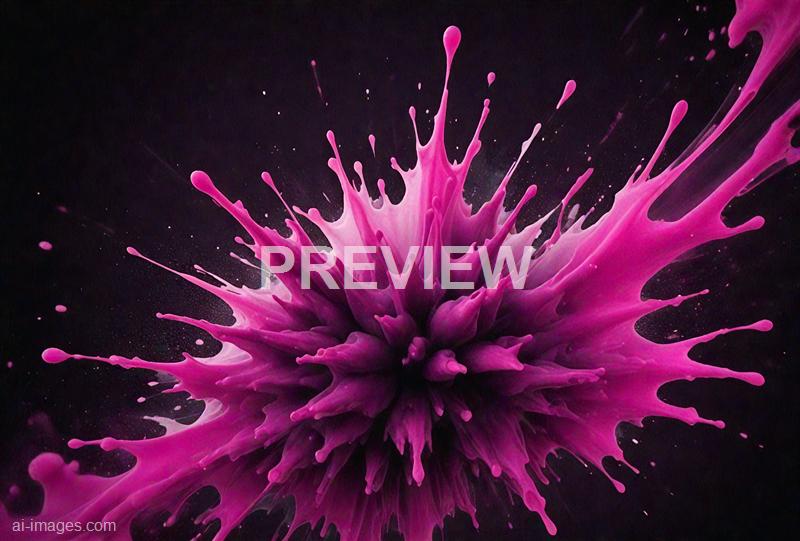 The image features an abstract splash of bright pink paint or ink, erupting outward in a dynamic and energetic pattern against a dark background. The splash has elongated tendrils and droplets extending in various directions, creating a sense of motion and explosion, with some finer details of smaller droplets scattered around the main splash.