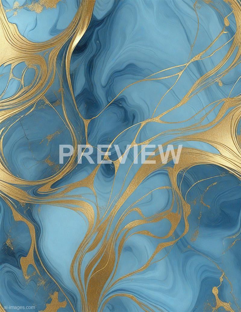 The image features an abstract design with swirling patterns of blue and gold. The blue areas resemble flowing water or marble textures, while the gold accents are thin, irregular lines that mimic veins or delicate filigree, creating a luxurious and dynamic visual effect.