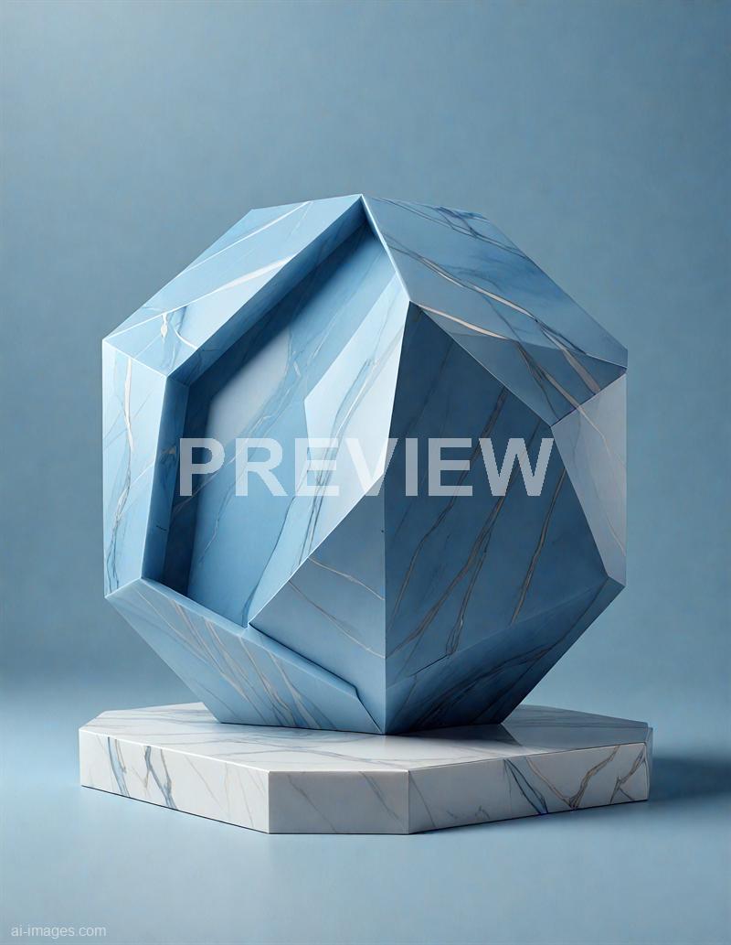 The image features a modern, geometric sculpture resembling a faceted, crystalline form with a hollow interior, crafted from a material that mimics marble with blue and white veining. It sits on a matching marble-like base against a plain, neutral background, emphasizing its angular and abstract design. The overall appearance is sleek and contemporary, with sharp edges and a polished surface that reflects light subtly.