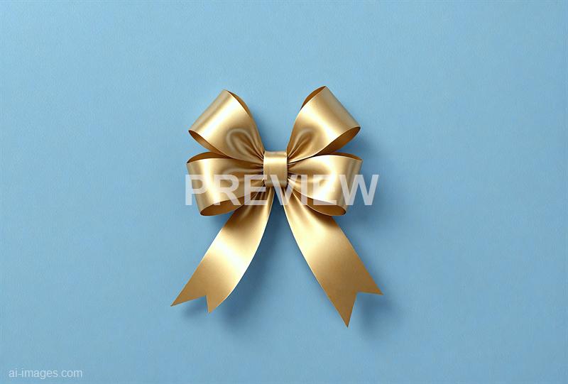 A neatly tied, elegant gold ribbon bow is centered against a soft blue background. The ribbon has a shiny, satin-like finish, with loops and tails that extend downward, creating a sense of symmetry and refinement. The background is smooth and slightly textured, highlighting the luxurious appearance of the bow.