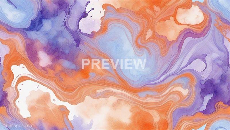 This image features an abstract watercolor painting with swirling patterns and blends of vibrant colors. The color palette primarily includes shades of purple, orange, and light blue, creating a dynamic and fluid composition with some areas of white space that add contrast and depth to the artwork. The painting showcases a marbled effect with flowing lines and organic shapes throughout the canvas.