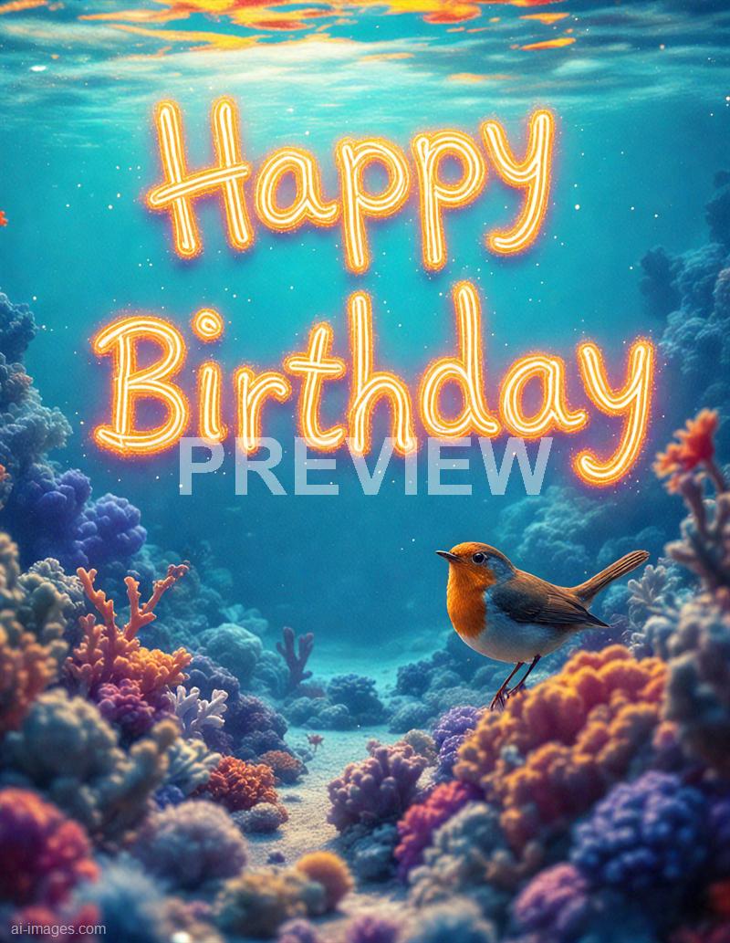 The image features an underwater scene with vibrant coral reefs in various colors, including purple, pink, and orange, spread across the ocean floor. Above the coral, a small bird with an orange breast and brown wings is perched on the coral, and the water appears clear with a gentle light filtering down from above. Overlaid on the scene is a glowing, neon-style "Happy Birthday" message in bright yellow and orange, creating a festive and whimsical atmosphere.