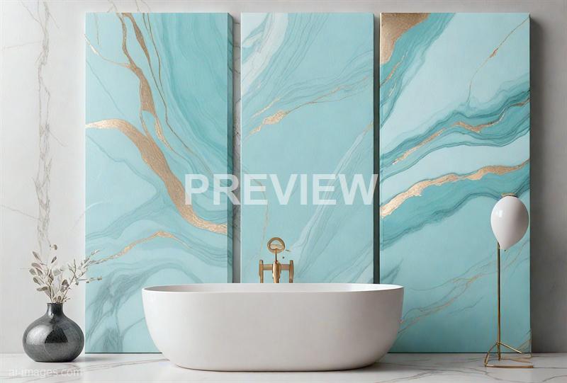 The image features a modern, minimalist bathroom with a freestanding white bathtub positioned in front of a striking blue marble accent wall with gold veining. To the left of the tub, there's a dark, textured vase holding dried branches, and on the right, a contemporary white balloon-shaped floor lamp with a gold stand. The overall aesthetic is clean, elegant, and sophisticated, emphasizing a calming color palette and sleek design elements.