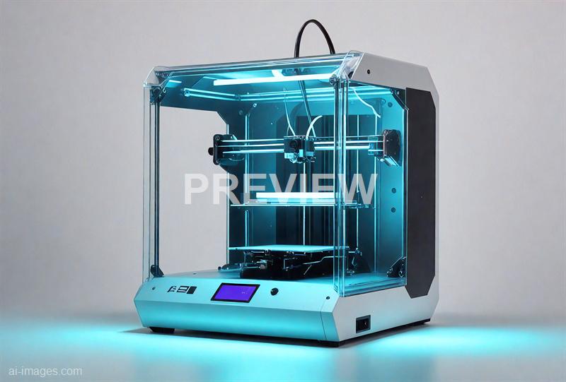 The image features a modern 3D printer with a transparent blue casing, revealing the internal mechanisms and components. The printer is placed against a plain, light-colored background, and appears to be turned on, with some internal lights illuminating the interior. The device has a sleek, compact design with a small touchscreen interface on the front for controls.