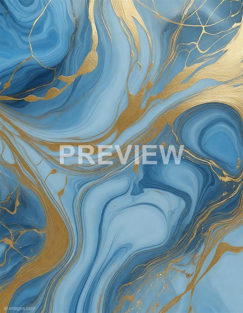 The image features an abstract design with swirling patterns of blue shades ranging from light to dark, interwoven with fine, irregular gold streaks that resemble veins or cracks. The composition creates a flowing, dynamic appearance, reminiscent of marbled paper or fluid art, with the gold accents adding a touch of elegance and contrast to the cool blue tones.