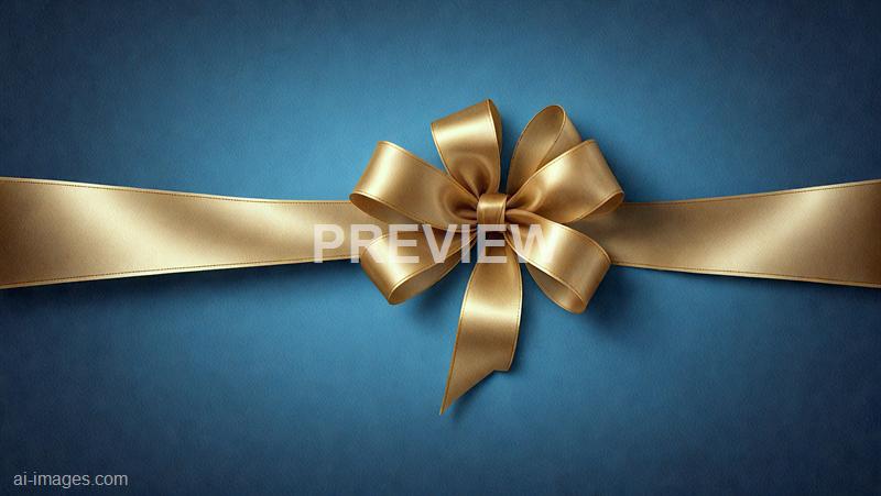 The image features a close-up of a beautifully wrapped gift box, covered in textured blue paper. It is adorned with a large, elegant, golden satin ribbon tied into a bow at the center, with the ribbon extending horizontally across the box, creating a sophisticated and festive appearance.
