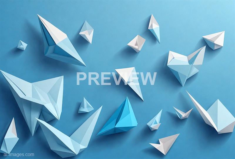 The image features numerous geometric paper airplanes in shades of white and light blue, arranged on a textured blue background. The paper planes vary in size and orientation, creating a dynamic and playful composition that emphasizes movement and creativity. The overall aesthetic is clean and modern, with a focus on the sharp angles and crisp edges of the origami structures.