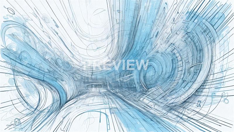 The image depicts an abstract, digital illustration of a futuristic tunnel or corridor. It features swirling, curved lines and geometric shapes in shades of blue and gray, creating a sense of depth and motion as if traveling through a high-tech, sci-fi environment. The design is intricate, with overlapping elements and a dynamic flow that emphasizes a sense of speed and innovation.