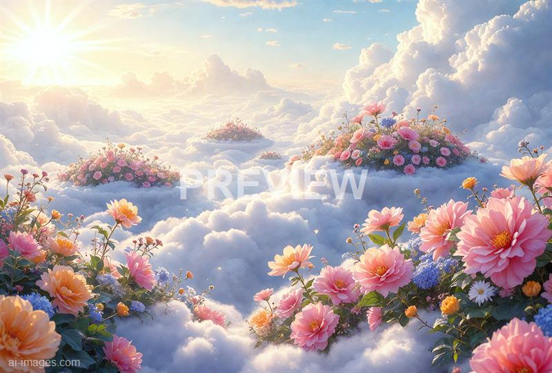 The image depicts a fantastical scene of fluffy white clouds floating in a bright sky illuminated by the warm glow of the sun. Among the clouds, there are several small islands covered with vibrant pink and purple flowers, creating a surreal and dreamy landscape. The overall atmosphere is peaceful, magical, and otherworldly, with the sunlight casting a gentle, golden hue across the scene.